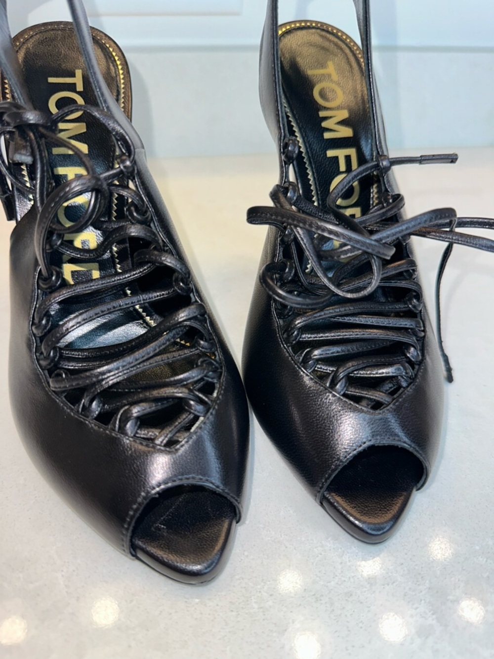 Tom Ford Black Lace-Up Peep Toe Slingback Heels